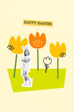 Creative easter postcard collage of little kid girl standing in floral garden advertise enjoy happy spring holiday occasion