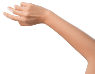 Beautifully hand holding something, concept for tech or social media-related content. Well-manicured hand holding. Nature or gardening-related promotions concept.