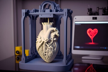 Medicine 3d printer for organ heart printed. Concept new technology transplant. Generation AI
