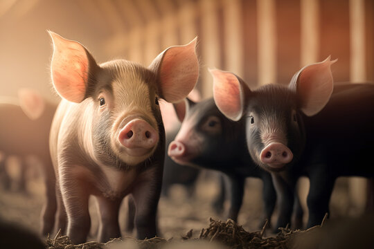 Portrait piglet with sunlight. Pigs livestock farm. Agriculture industry swine. Generation AI