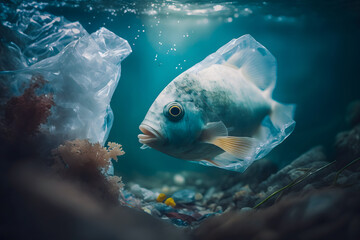 Environmental trash problem. Fish and plastic bag, pollution waste ocean concept. Generation AI