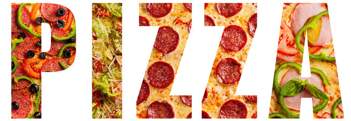 Word pizza with texture pattern of different pizzas for each letter.Concept for restaurants, posters, banners, advertisements and blogs. Isolated.