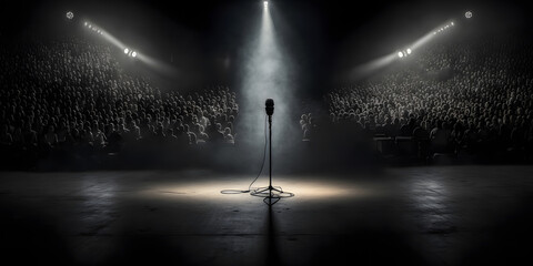 Microphone for singer music background with spot lighting. Concept Public speaking on stage with mic. Generation AI - obrazy, fototapety, plakaty