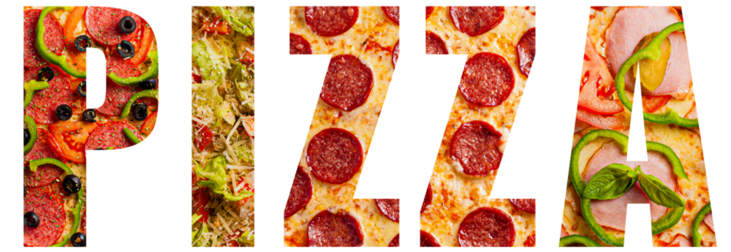Word pizza with texture pattern of different pizzas for each letter.Concept for restaurants, posters, banners, advertisements and blogs. Isolated.