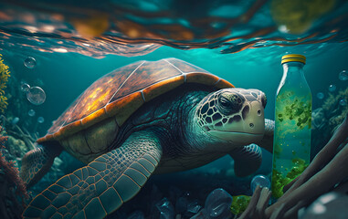 Fototapeta premium Turtle in dirt green water with bottle and bag waste. Concept global problem with plastic polluted rubbish floating in oceans. Generation AI