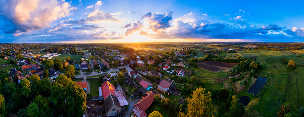 A stunning sunset aerial photo of fields in Poland near Gorzów Wlkp, captured by a drone