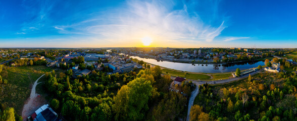 From the vantage point of a drone, a panoramic photo of the Warta River near Gorzów Wlkp - obrazy, fototapety, plakaty
