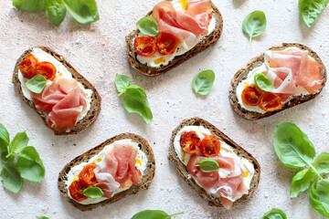 Healthy snack. Sandwiches with wholemeal bread, ham and cheese. Top view.