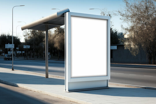 Title: A Clear View: Vertical Blank White Billboard at Bus Stop on City Street Mockup, Generative AI