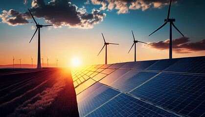 Solar cell panels and wind turbines in sunset sky for alternatively power generator source - obrazy, fototapety, plakaty