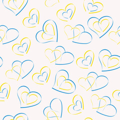 Seamless pattern with blue and yellow hearts on a light background. Colors of the flag of Ukraine. Pattern with Ukrainian national symbol.