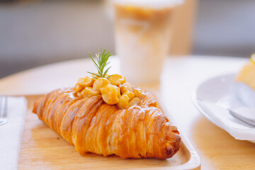 Croissant Bakery homemade on the table breakfast tray with gold and crispy