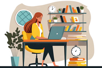 Flat vector illustration Young happy businesswoman, professional online teacher or office worker sitting at desk, working on computer or teaching e-learning, teaching virtual courses for distance educ - obrazy, fototapety, plakaty