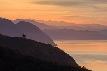 coast of the black sea in turkey at sunset, mountain ranges stretching into the distance