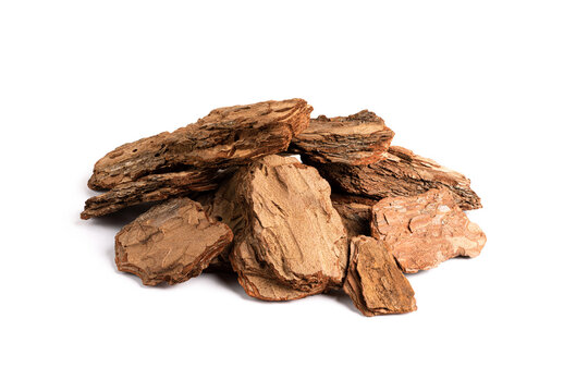 Heap of pine bark pieces isolated on white background. Pine bark chips for potting mix preparation or as organic mulch material
