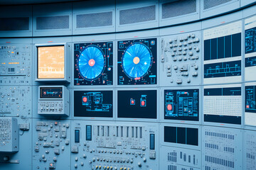 Electrical station, Central control panel of nuclear power plant reactor, blue color. Generation AI