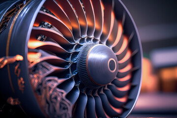 Fototapeta na wymiar Aircraft jet engine on repair and maintenance. Industrial motor of airplane, sunlight. Generation AI