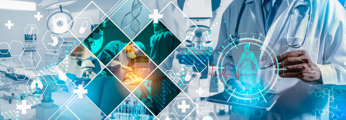 Concept of Medical technology service to solve people health.Healthcare and medical doctor working in hospital with professional team,vaccination,nursing assistant,laboratory research and development