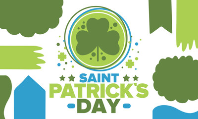 Happy Saint Patricks Day. Traditional irish holiday. Celebrate annual in March 17. Clover and shamrock leaves. Green and orange party design. Ireland color. Poster, card, banner and background. Vector
