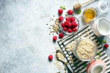 Hralthy ingredient for breakfast. Top view.
