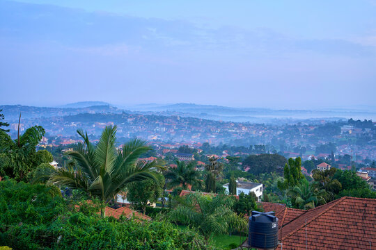 Morning view of the city toward Lake Victoria from the hills above Kampala, Uganda