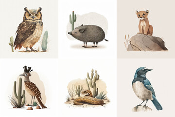 A set of six cute animals, mammals, birds, reptiles, from the area of Arizona, USA in watercolor, illustration made with Generative AI - obrazy, fototapety, plakaty