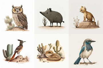 A set of six cute animals, mammals, birds, reptiles, from the area of Arizona, USA in watercolor, illustration made with Generative AI - obrazy, fototapety, plakaty