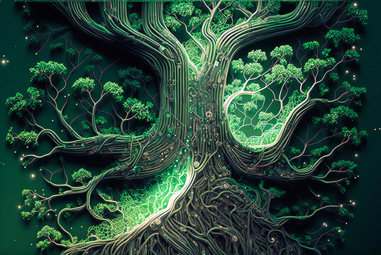 Printed circuit board inspired by nature represented as a tree with roots and branches, illustrating the synergies between modern electronics and the plant world. Generative AI