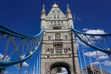 A close up of one of the towers of the Tower Bridge