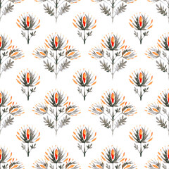 Seamless floral pattern. Elegant print for fabric, bed linen, curtains, tablecloths. Handwork with paints on paper.