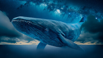 Blue whale on the background of the night starry sky. Generative AI technology.