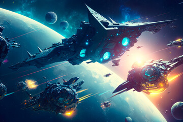Obraz na płótnie Canvas A fleet of spaceships racing through the cosmos, with futuristic technology propelling them forward, illustration, concept space - Generative AI