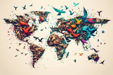 World Migratory Bird Day concept. International Migratory Bird Day, world map consisting of birds, created with Generative AI