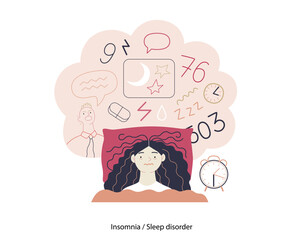 Mental disorders illustration. Insomnia, sleep disorder - modern flat vector illustration of a woman meeting with a sleep disorder trying to fall asleep. People emotional, psychological, mental
