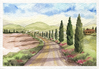 Fototapeta na wymiar Watercolor landscape illustration. Road, travelling, adventure.