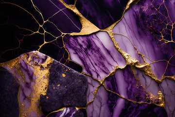 Dark purple and gold marble background. Luxury marble stone texture. Invitation backdrop. Ai generated