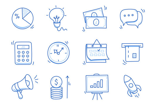 Hand drawn business icon set. Finance, money, investment icon sketch doodle blue pen stroke style. Business money, calendar, economic element. Vector illustration