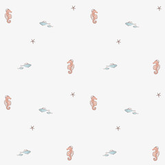 Sea horses and little fishes, seamless pattern with vector hand drawn art  © Hanna Symonovych