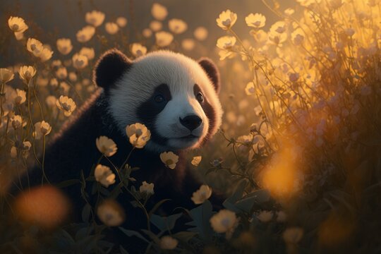 Beautiful panda. Cute animal is on the field with flowers. Generative AI