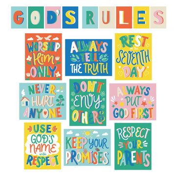 God's rules, set of posters with hand drawn vector illustrations and lettering
