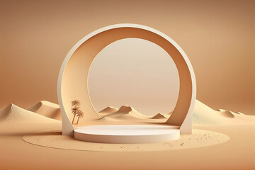 Fototapeta na wymiar Product display podium on a desert sand beach. Generative ai
