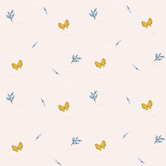Butterflies and wild flowers, seamless pattern with vector hand drawn art
