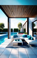 Luxury house with pool view and terrace in modern design, deck chairs on wooden floor deck at vacation home or hotel - Generative AI