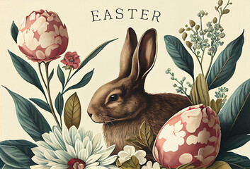 Colored engraving of vintage Easter card design as illustration of Easter bunny in flowers and tulips with text Easter as rabbit generative AI art	
