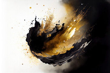 Abstract wet watercolor splash of yellow gold paint and black ink washes flow background generative AI art	