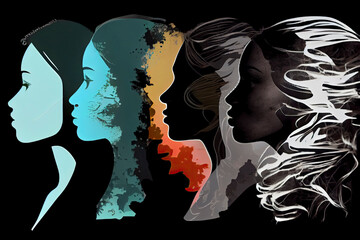 Woman face silhouette in profile with group of multicultural and multiethnic women faces inside