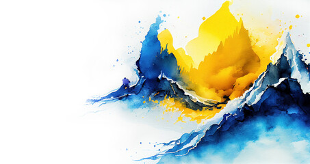 Copy space banner illustration of landscape with watercolor painting of abstract mountains with forest in blue and yellow colors of generative AI art	
