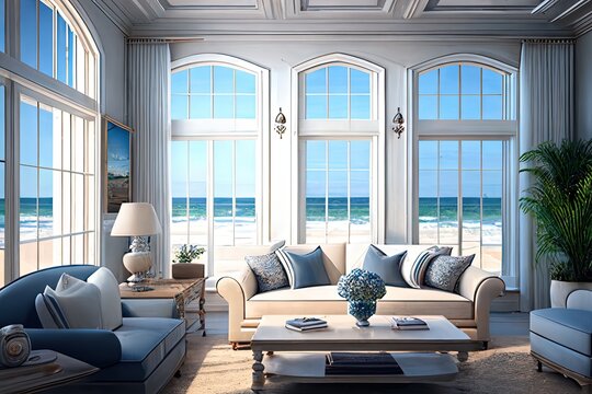 Elegant spacious summer beach house, living room with chairs, wooden beams and ocean view - Generative AI