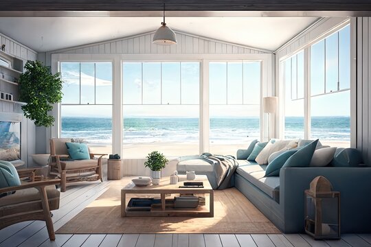 Elegant spacious summer beach house, living room with chairs, wooden beams and ocean view - Generative AI