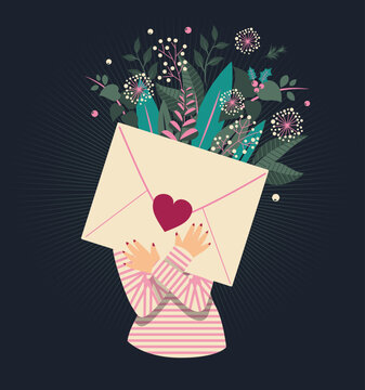 The love letter, a woman hold a huge letter in her arms, a herat on it, winter flowers behind, poetic vector illustration